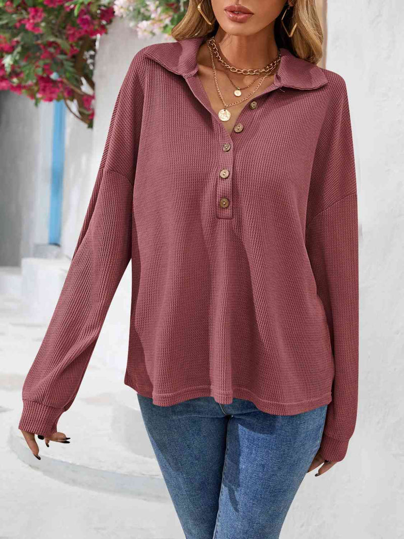 Siree Half Button Collared Neck Long Sleeve Top -- Deal of the day!