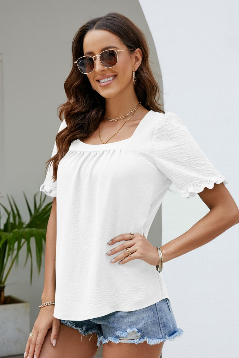 Deal of the Day Wilma Frill Trim Puff Sleeve Square Neck Blouse
