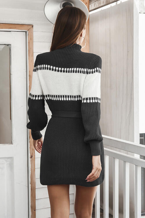 Gracyn Contrast Tie Front Long Sleeve Sweater Dress