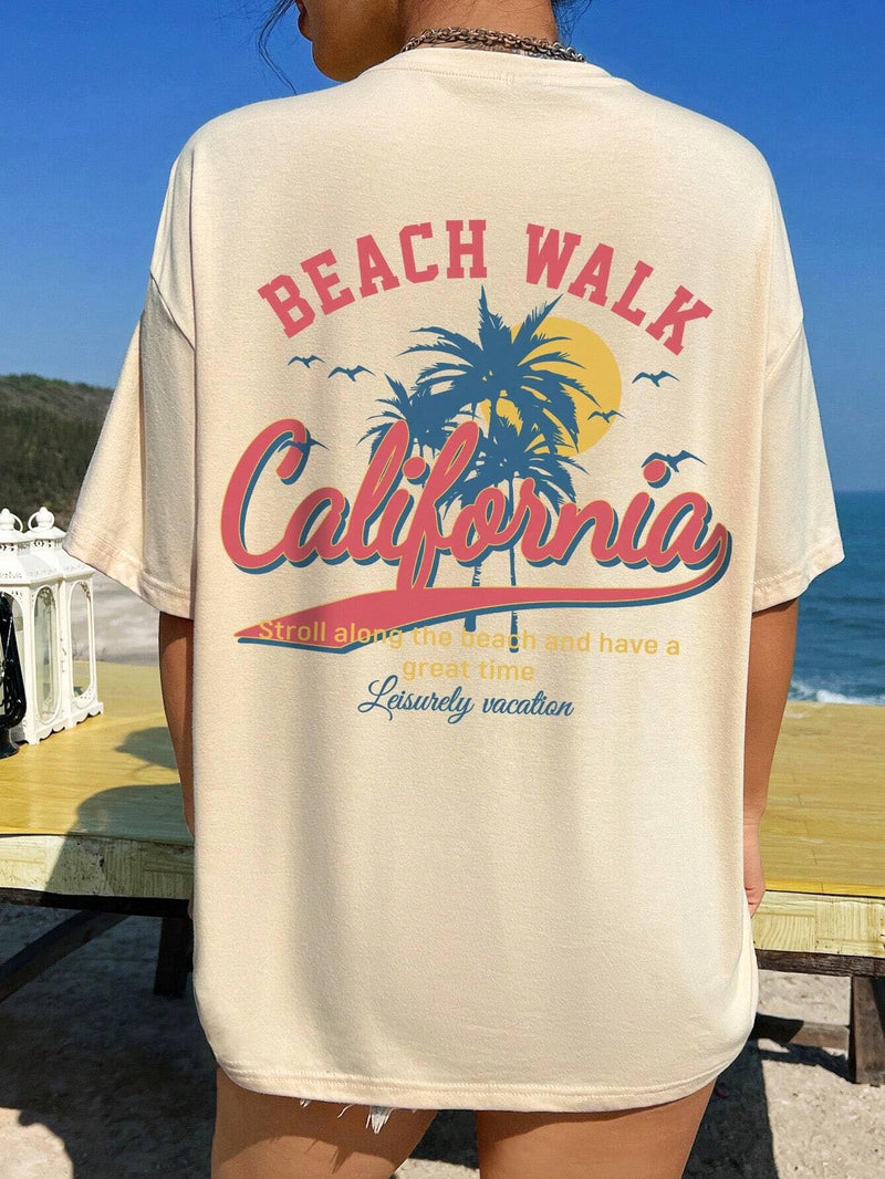 Beach Walk California Letter Graphic Round Neck Half Sleeve T-Shirt