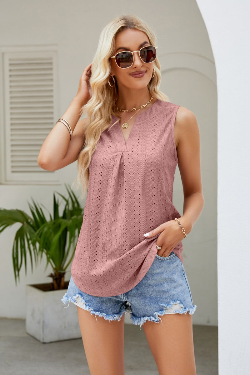 Deal of the Day Scout Notched Neck Curved Hem Eyelet Tank