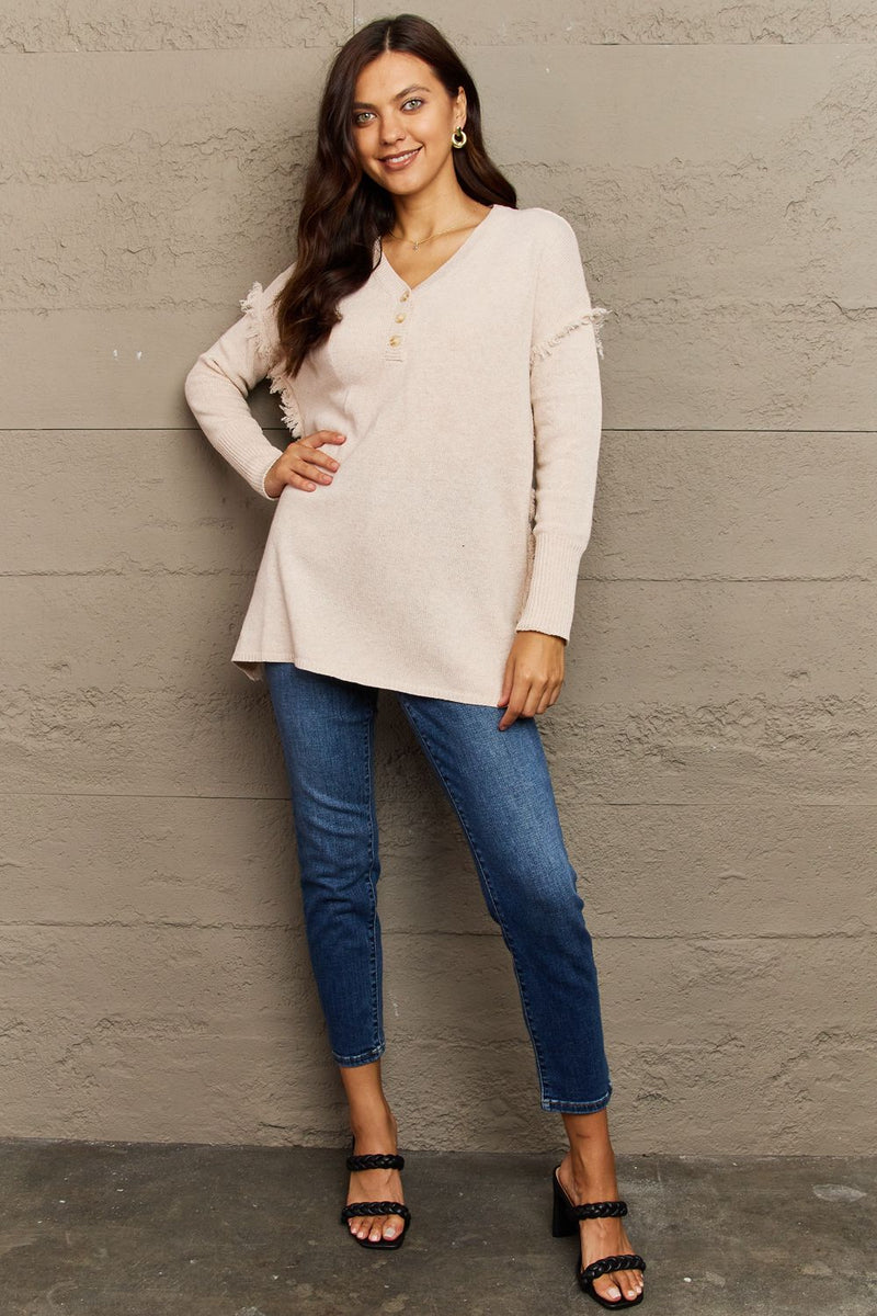 Milan Buttoned Dropped Shoulder Raw Hem Pullover Sweater