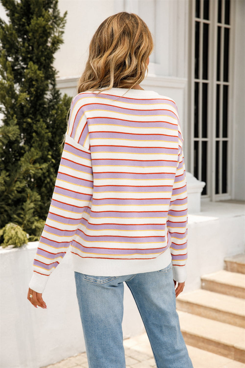 Tala Striped Round Neck Dropped Shoulder Knit Top