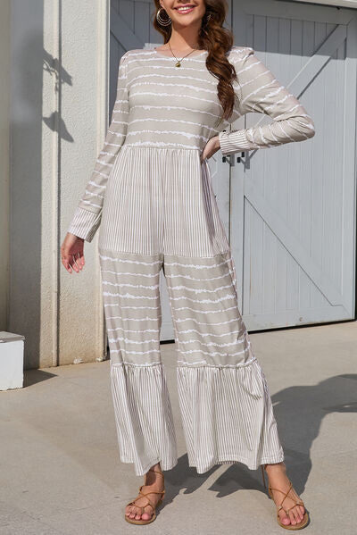 Coco Striped Round Neck Long Sleeve Jumpsuit