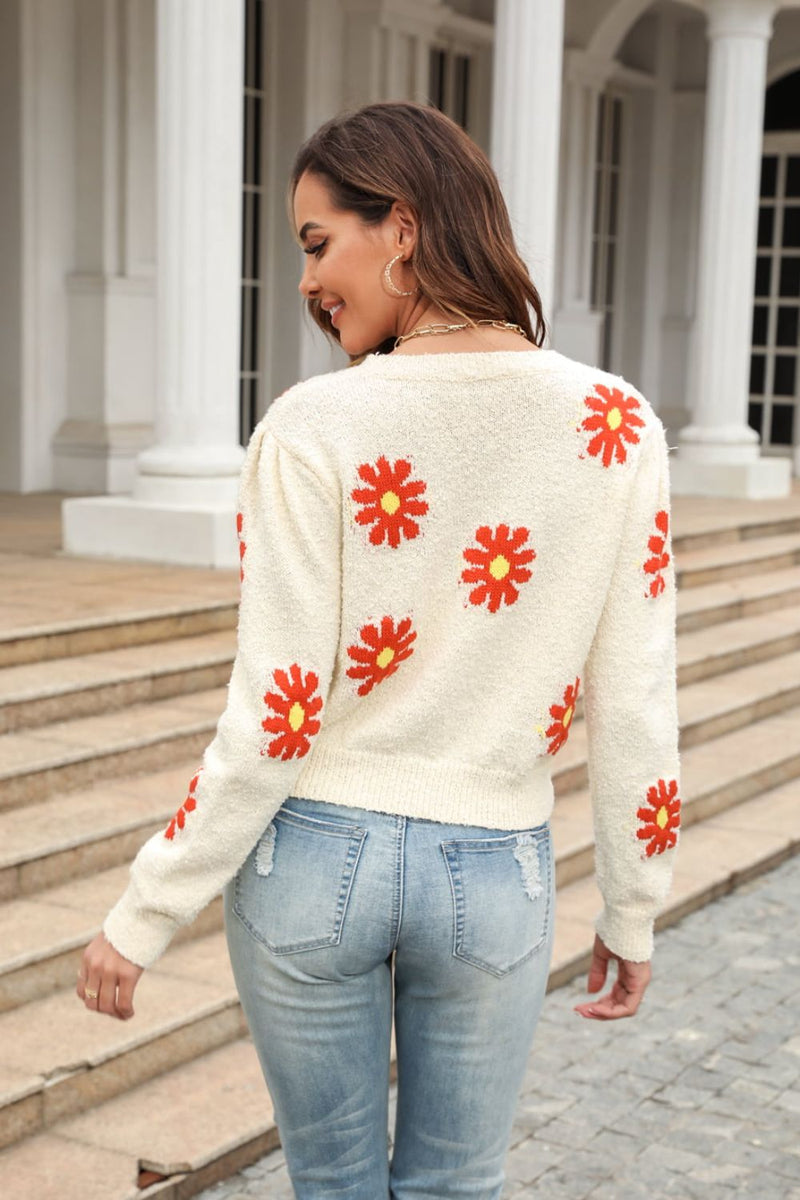 Willa Flower Pattern Round Neck Short Sleeve Pullover Sweater