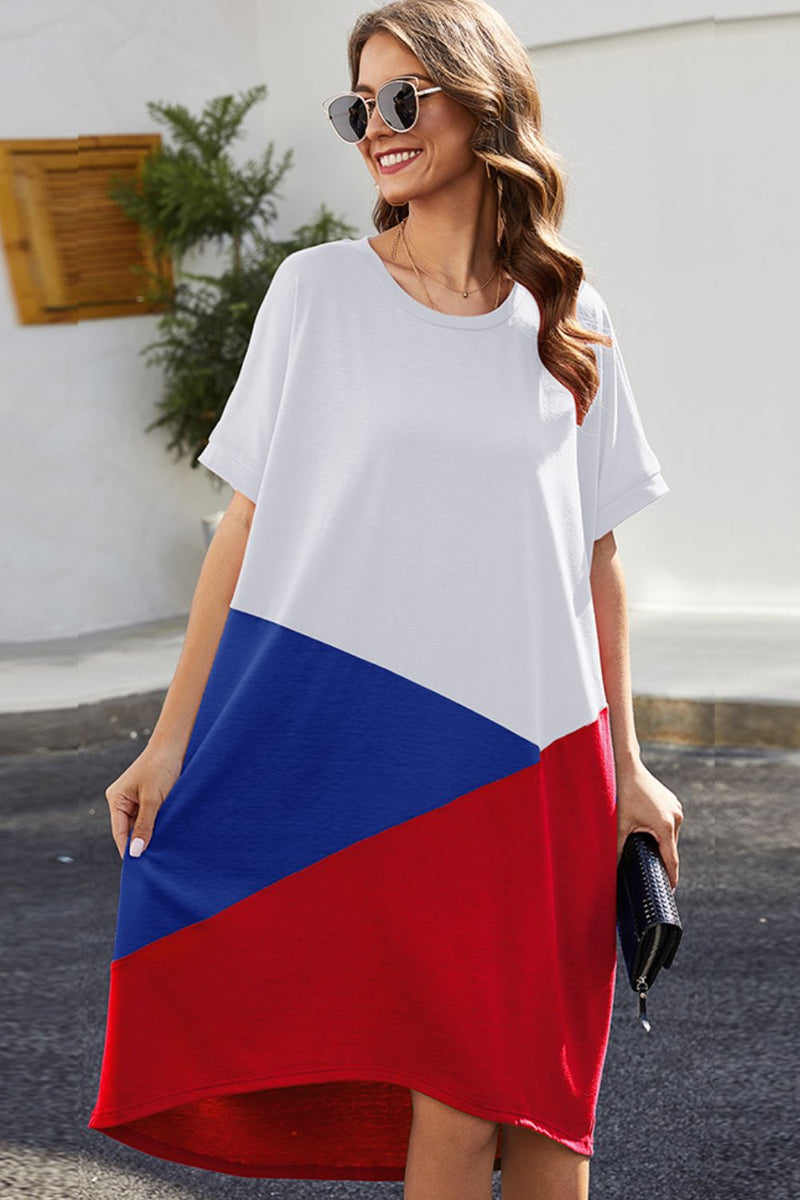 Patriotic Color Block Round Neck Short Sleeve Dress - Deal of the day!
