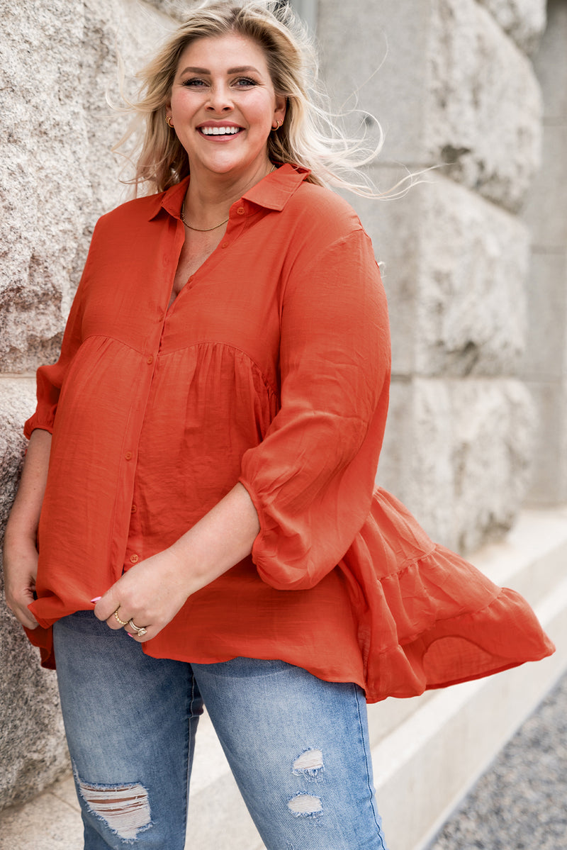 Torie Plus Size Collared Balloon Sleeve Shirt