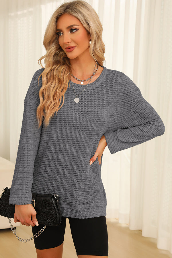 Lila Waffle-Knit Round Neck Long Sleeve Sweatshirt