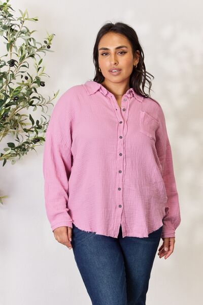Noelle Full Size Texture Button Up Raw Hem Long Sleeve Shirt