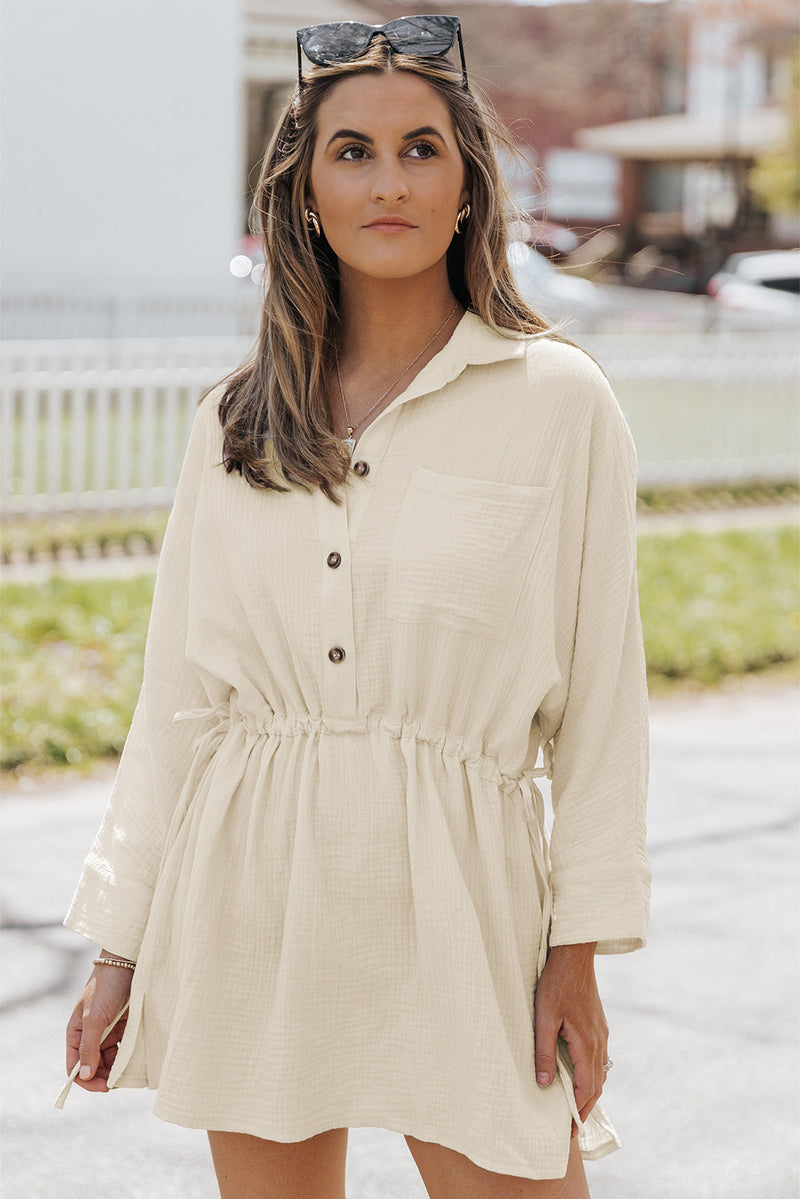 Thea Button-Up Long Sleeve Collared Neck Mini Dress