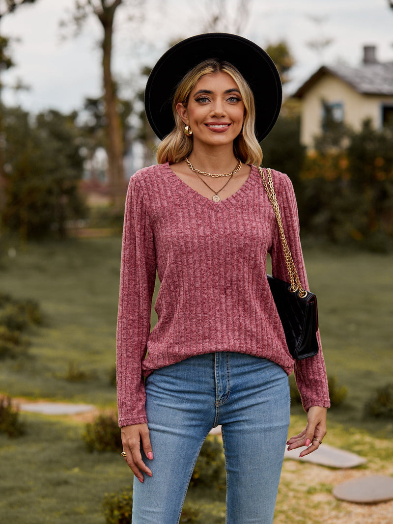 Dani Ribbed V-Neck Long Sleeve Tee - Deal of the day!