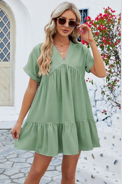 Tenley Ruched Tiered V-Neck Short Sleeve Mini Dress
