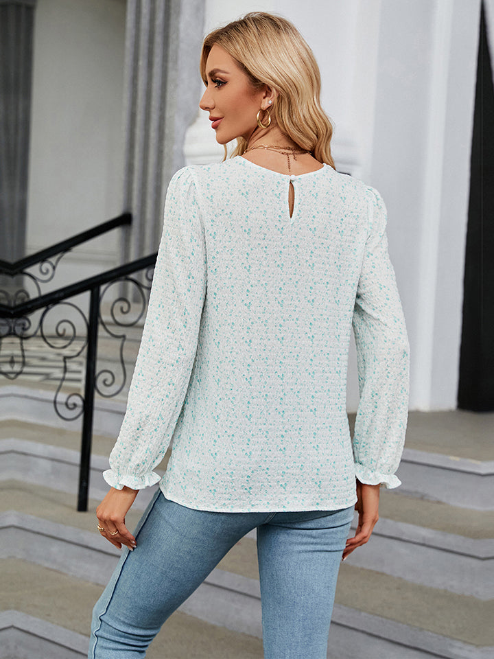 Aster Printed Round Neck Flounce Sleeve Blouse