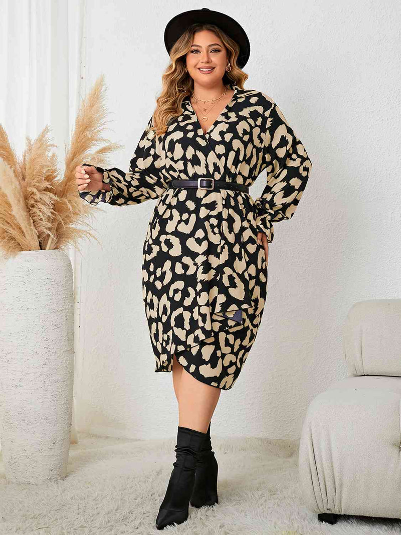 Valencia Plus Size Leopard Surplice Neck Flounce Sleeve Dress