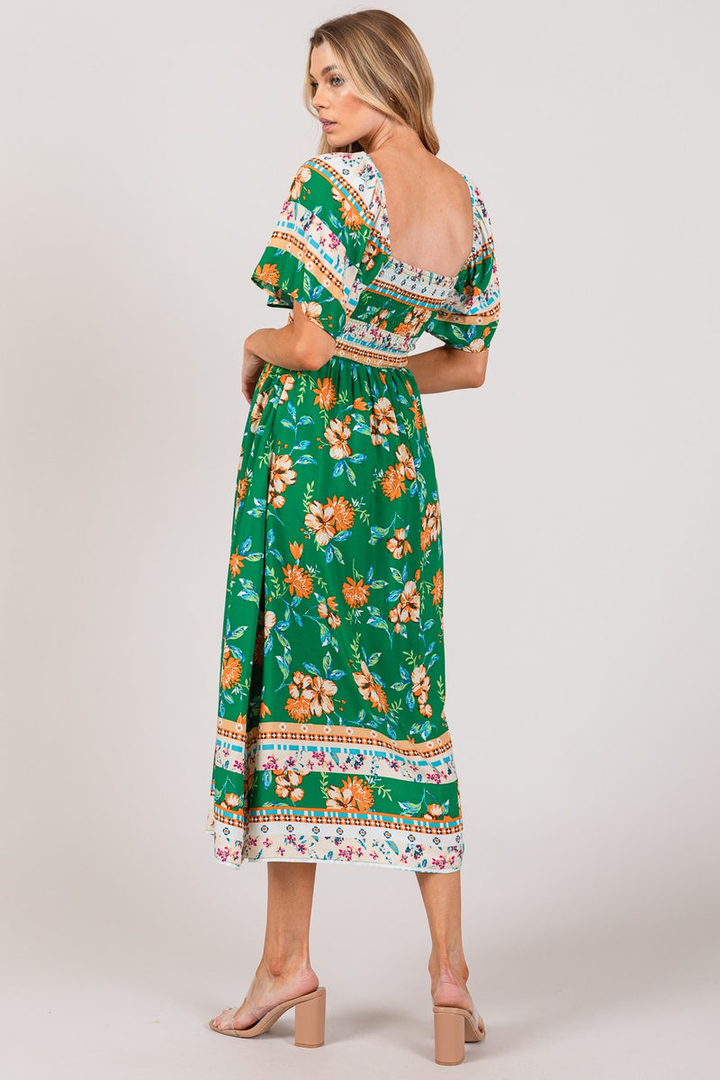 Sage Printed Smocked Short Sleeve Midi Dress