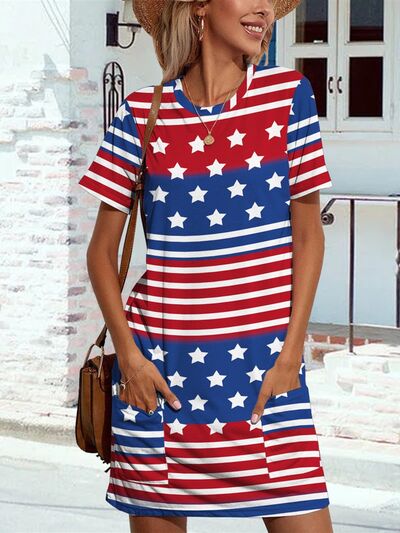 LIberty Pocketd US Flag Printed Short Sleeve Dress -- Deal of the day!