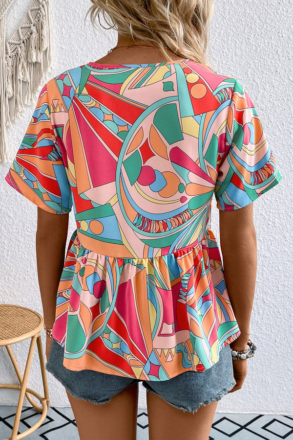 Alicia Printed Tie Neck Short Sleeve Blouse -- Deal of the day!